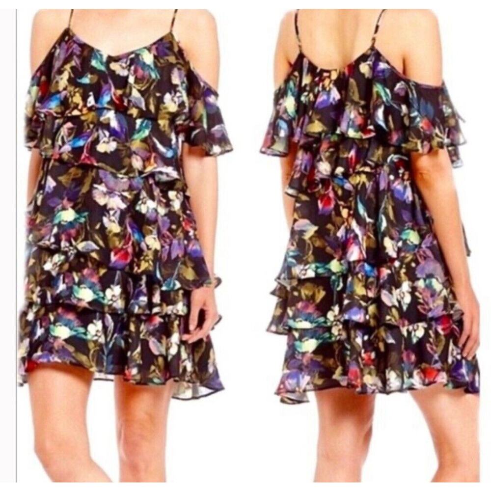 Gianni Bini Off the Shoulder Flutter Sleeveless Mini Dress Size XS Black Floral
